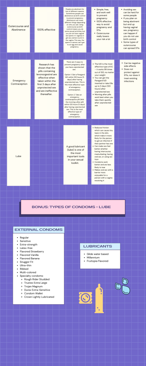 Infographic on the efficacy, pros and cons, and how to use different contraception methods, with a bonus list of types of condoms + lubes