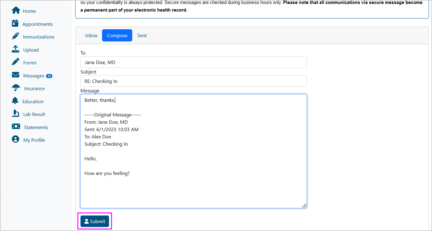 Screenshot of message reply, with text boxes labelled "To", "Subject", and "Message"; the "Submit" button is highlighted and located at the bottom of the page
