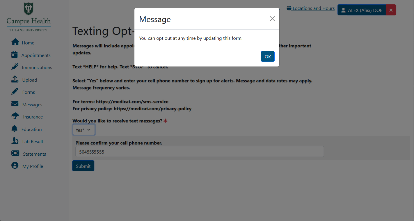 Screenshot of pop-up message window that says "You can opt out at any time by updating this form."
