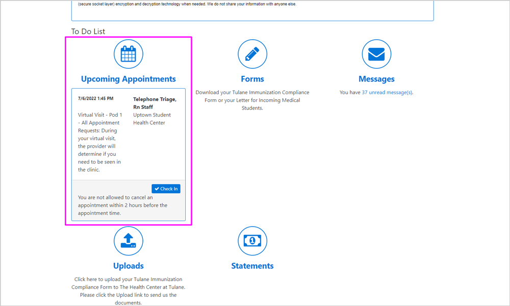 Screenshot of To Do List with "Upcoming Appointments" highlighted