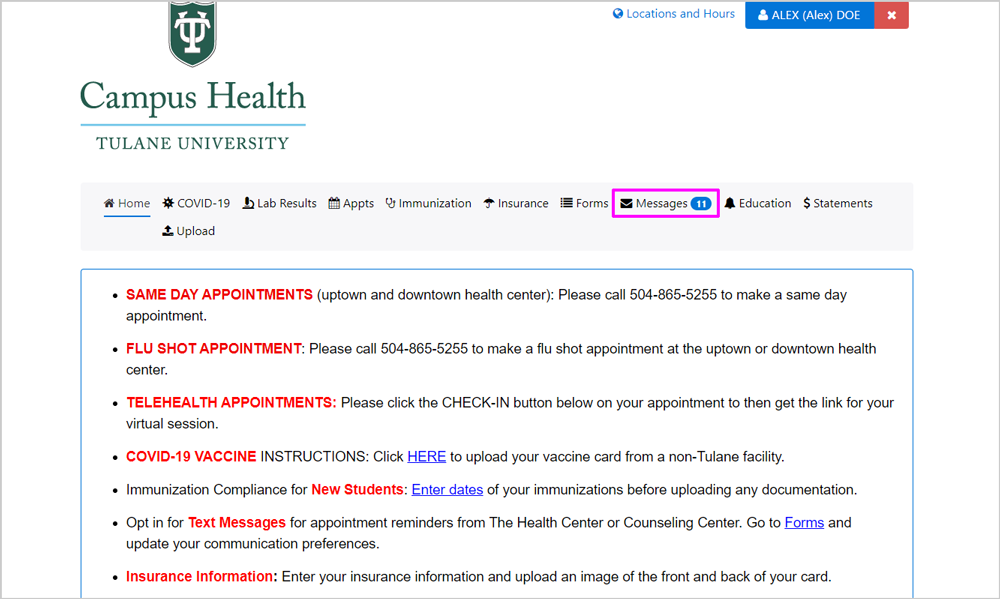 Screenshot of Patient Portal homepage with "Messages" highlighted