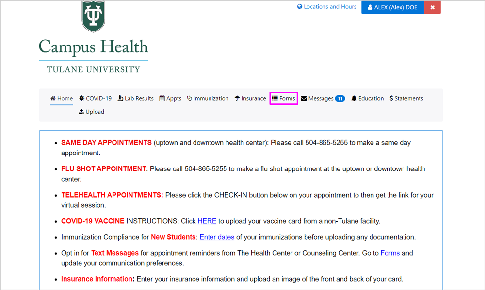 Screenshot of Patient Portal homepage with "Forms" highlighted