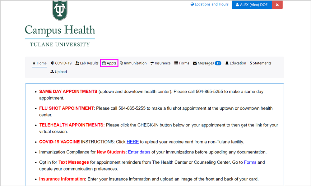 Screenshot of Patient Portal homepage
