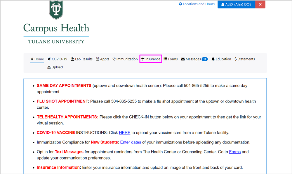 Screenshot of Patient Portal homepage with "Insurance" highlighted