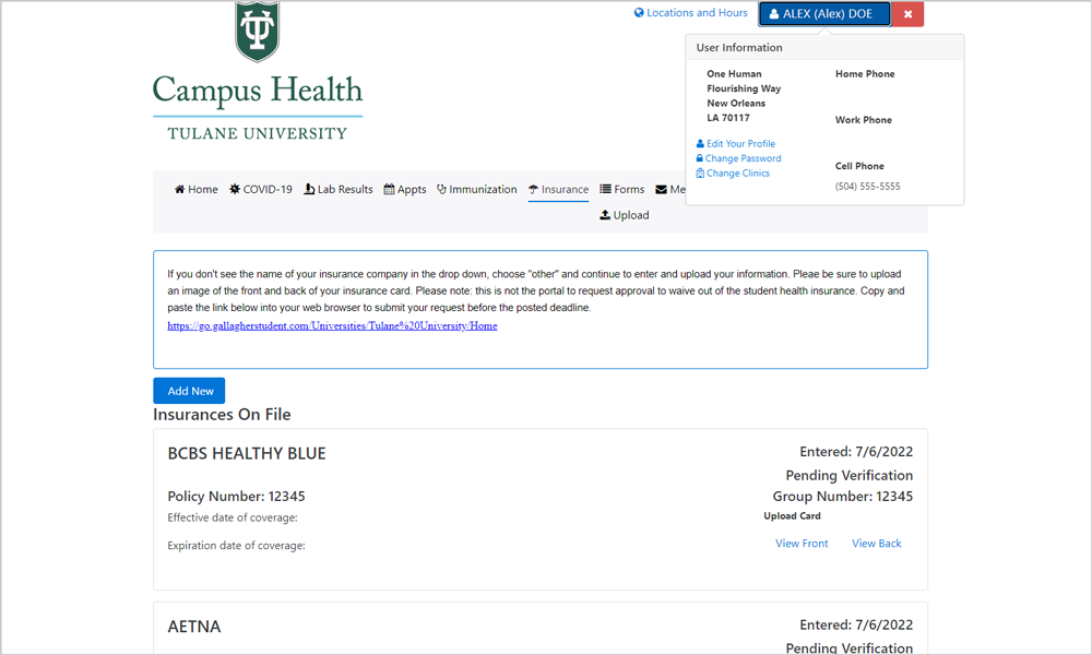 Screenshot of Patient Portal with username at top right corner highlighted