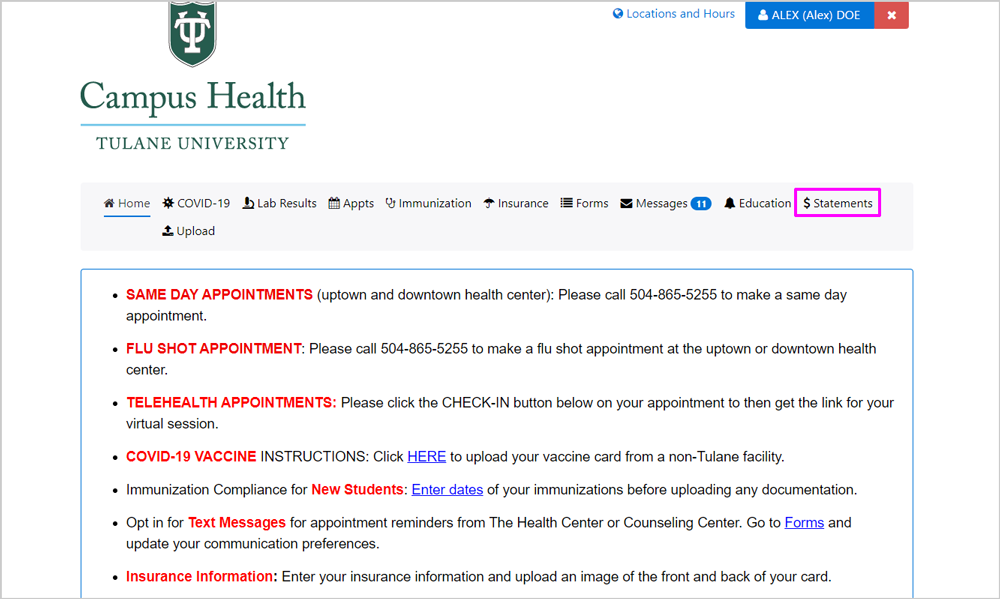 Screenshot of Patient Portal homepage with "Statements" highlighted