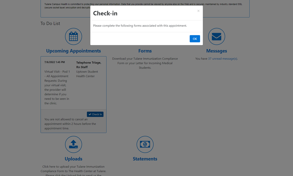 Screenshot of Check-in pop-up window