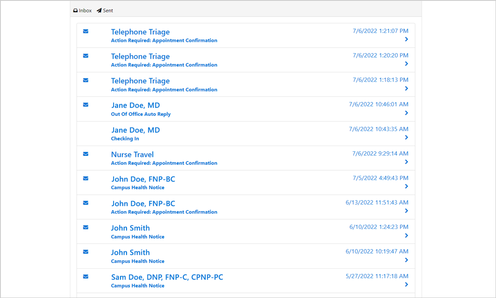 Screenshot of Inbox messages on your Patient Portal