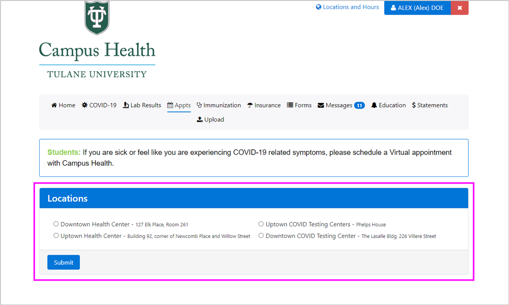 Screenshot of Locations category under Appointments in the Patient Portal