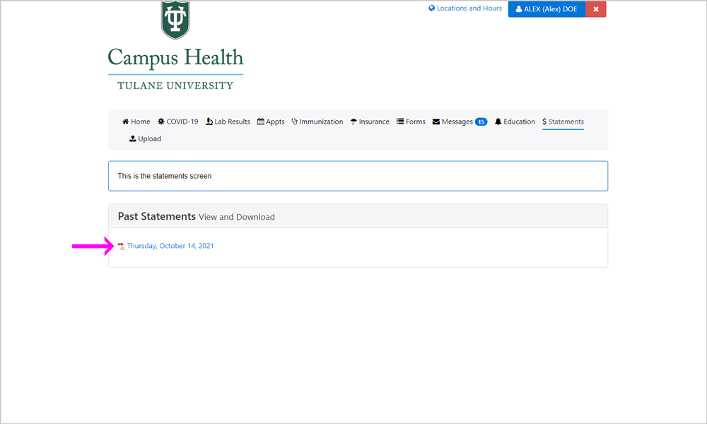Screenshot of past billing statements on the Patient Portal