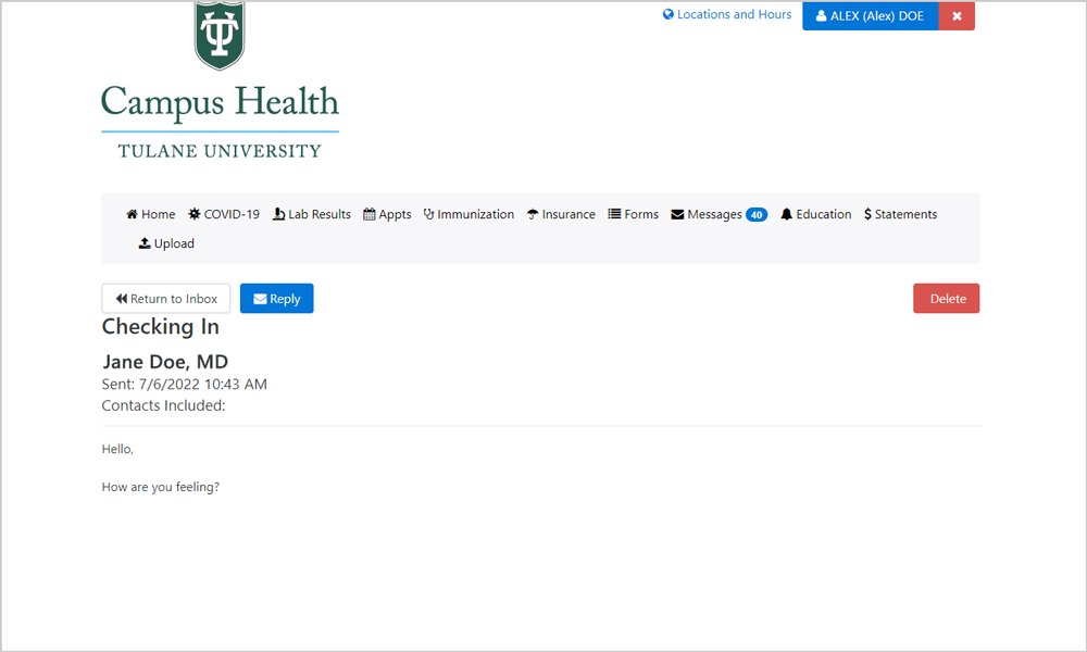 Screenshot of inbox message on your Patient Portal