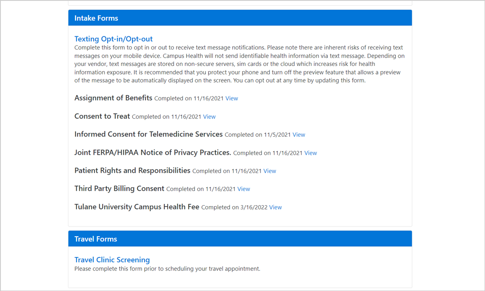 Screenshot of completed forms shown in black and two incomplete forms shown in blue