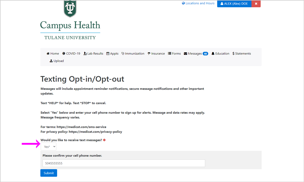 Screenshot of Texting Opt-in/Opt-out form on Patient Portal