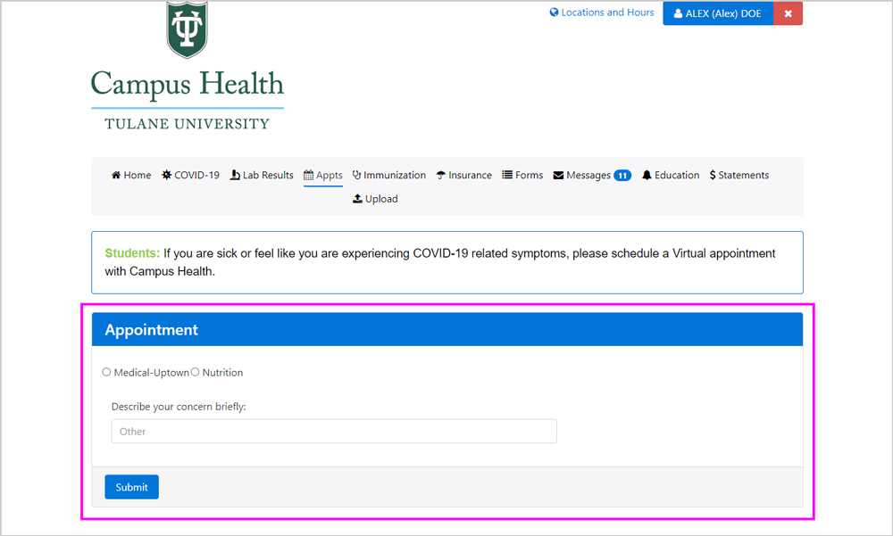 Screenshot of Appointment type on the Patient Portal