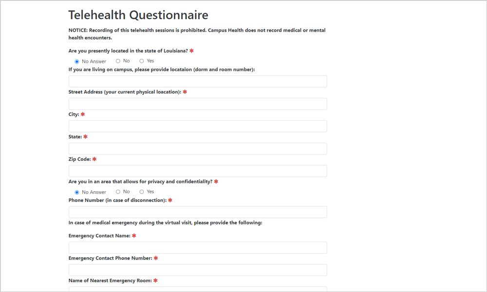Screenshot of blank Telehealth Questionnaire
