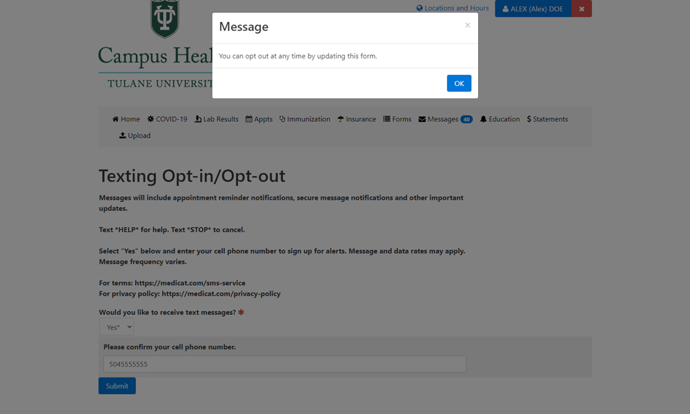 Screenshot of text opt-out pop-up message on the Patient Portal