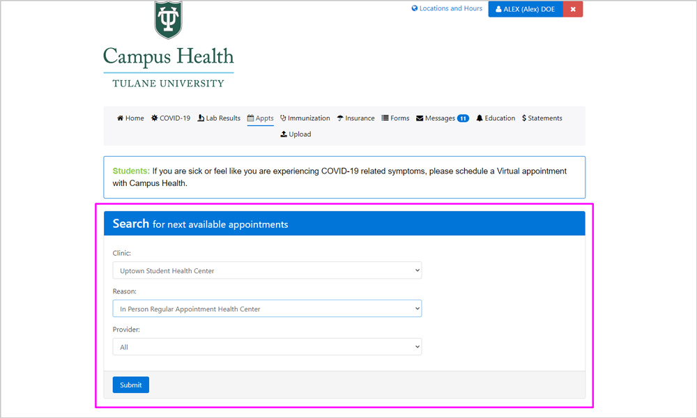 Screenshot of "Search for next available appointments" on the Patient Portal