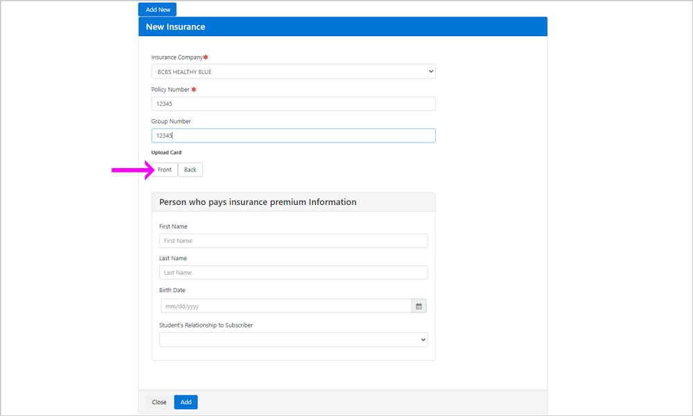 Screenshot of "New Insurance" menu with "Front" of "Upload Card" highlighted