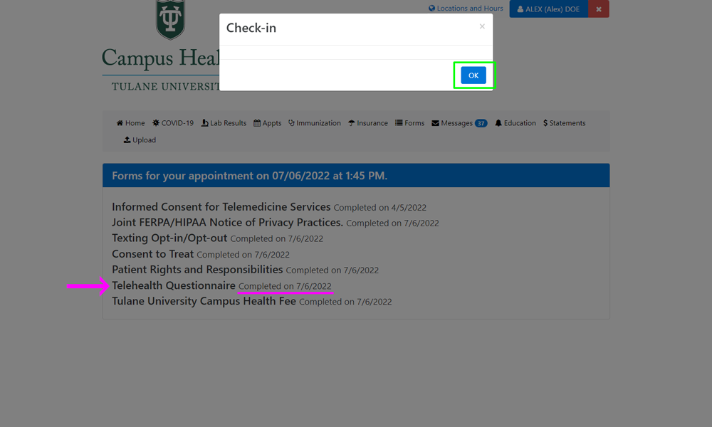 Screenshot of completed forms and Check-in pop-up window
