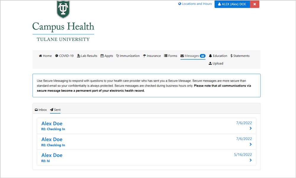 Screenshot of Sent messages on your Patient Portal