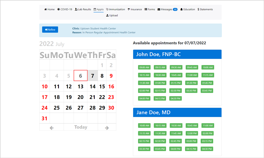 Screenshot of appointment calendar on Patient Portal