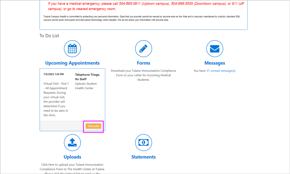 Screenshot of To-Do List with the "Telehealth" button highlighted