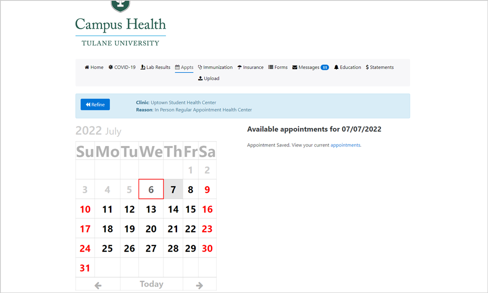 Screenshot of appointments calendar on the Patient Portal