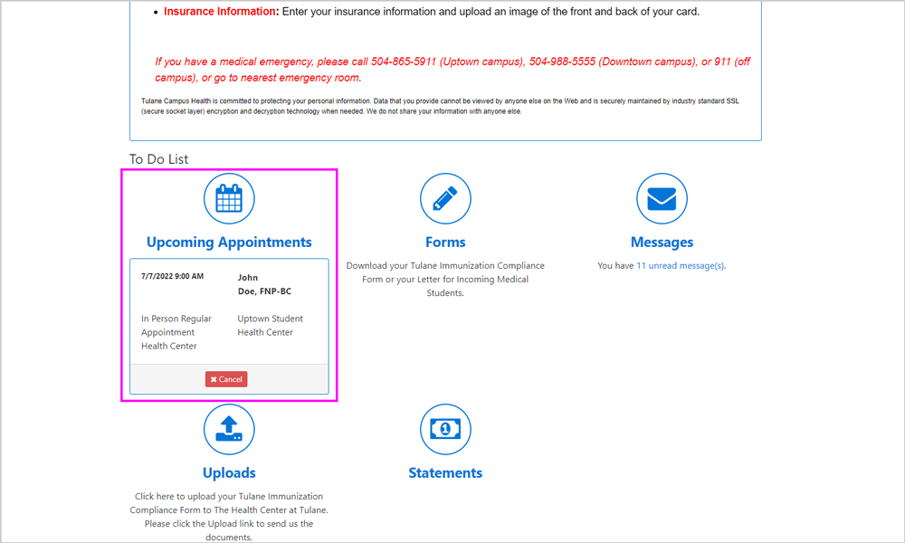 Screenshot of To-Do List on the Patient Portal homepage