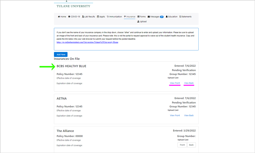 Screenshot of new insurance on file highlighted, with "View Front" and "View Back" also highlighted