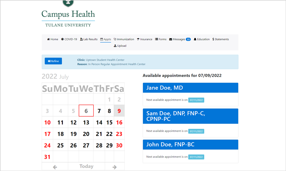 Screenshot of appointment calendar on the Patient Portal