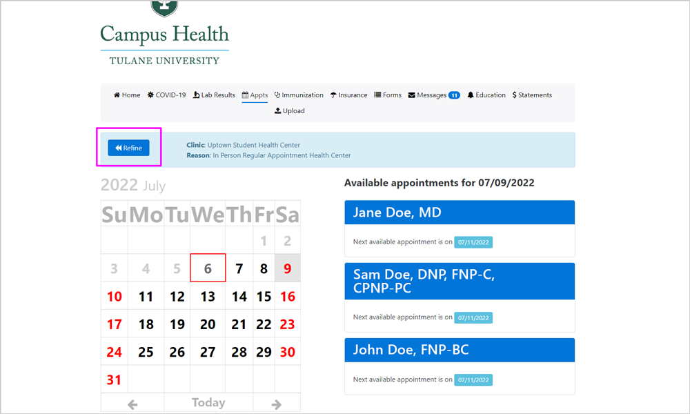 Screenshot of appointment calendar on the Patient Portal with the "Refine" button highlighted