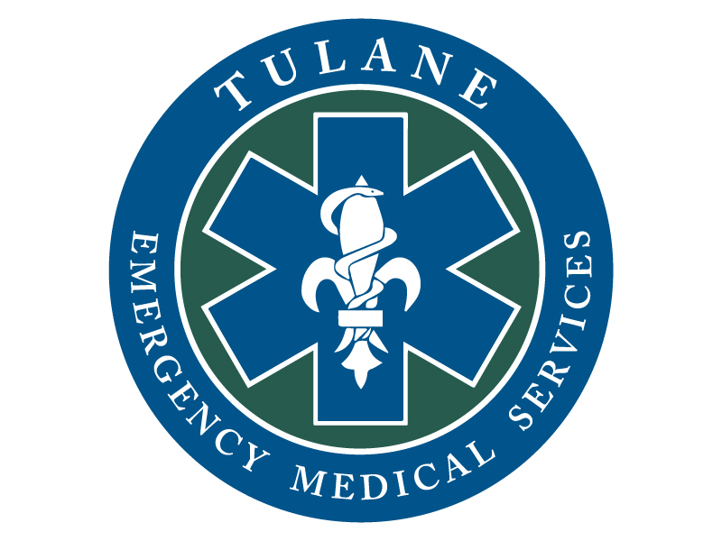 Tulane EMS logo, blue and green circle with star shaped symbol in the center and a fleur de lis with a snake wrapped around it