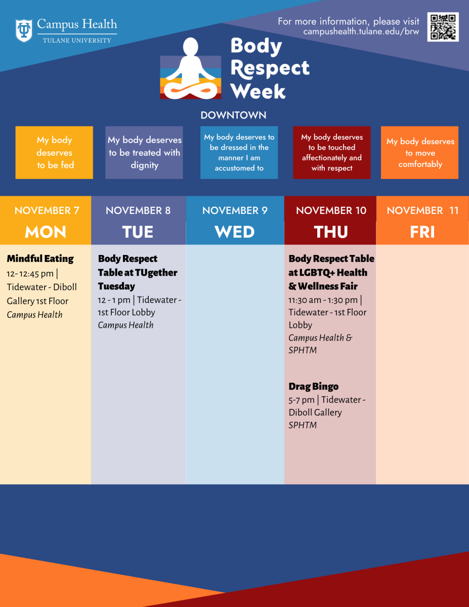 A graphical representation of the Body Respect Week calendar of events. Full content of all event listings is posted below.