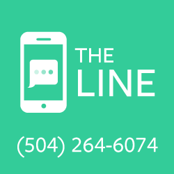 The Line, 24/7 crisis support line logo - blue background with white telephone that says, "The Line 504-264-6074"