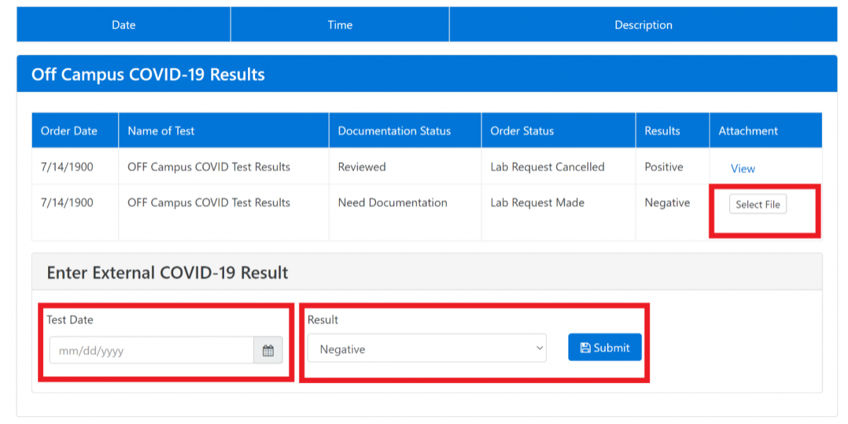 Screenshot of pre-arrival COVID-19 lab results page on Patient Portal