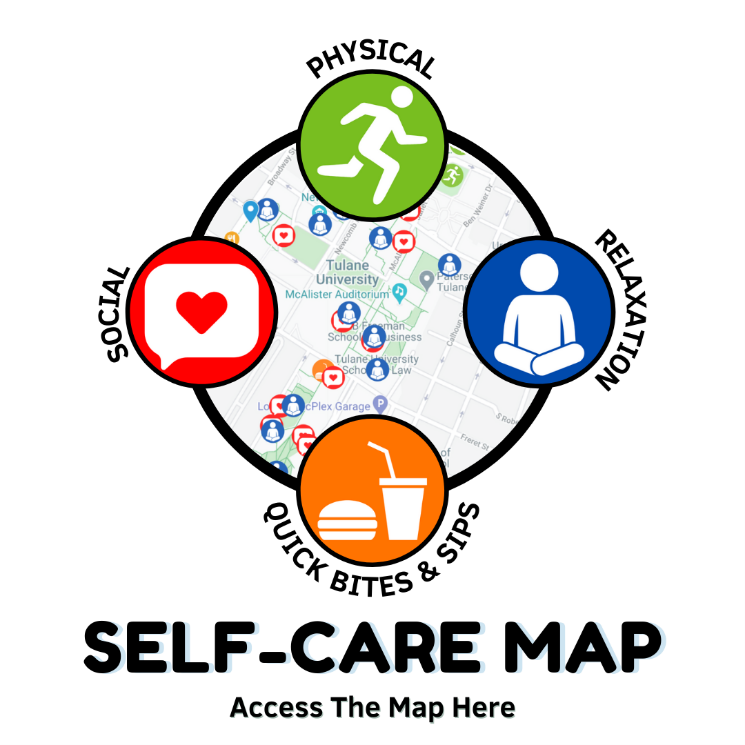 Graphic that says self-care map and has colorful icons depicting the following topics: physical, social, relaxation, and quick bites and sips