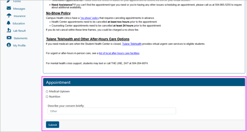 Screenshot of Apointment type menu highlighted, with "Medical-Uptown" or "Nutrition" as options and a text box to write further details Screenshot of Apointment type menu highlighted, with "Medical-Uptown" or "Nutrition" as options and a text box to write further details