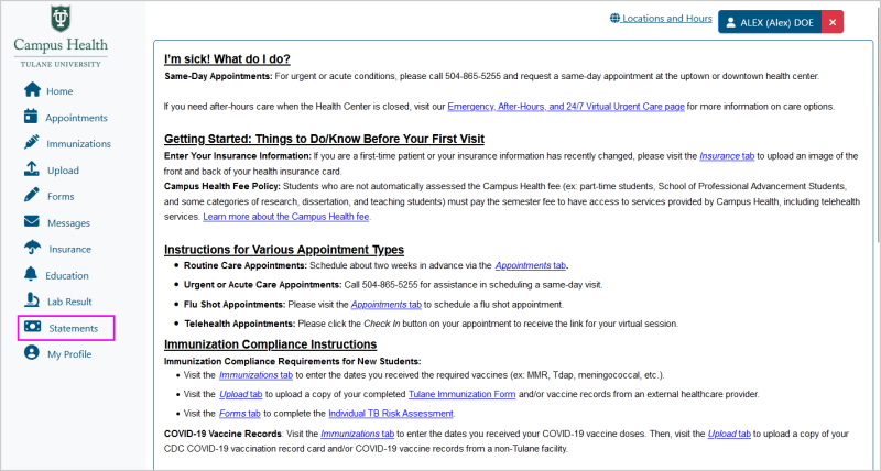 Screenshot of Patient Portal home screen, with the "Statements" button on the navigation menu highlighted