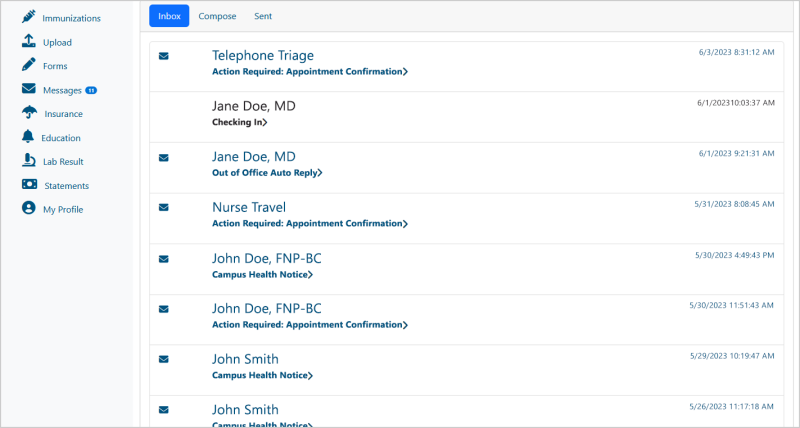 Screenshot of Messages inbox page