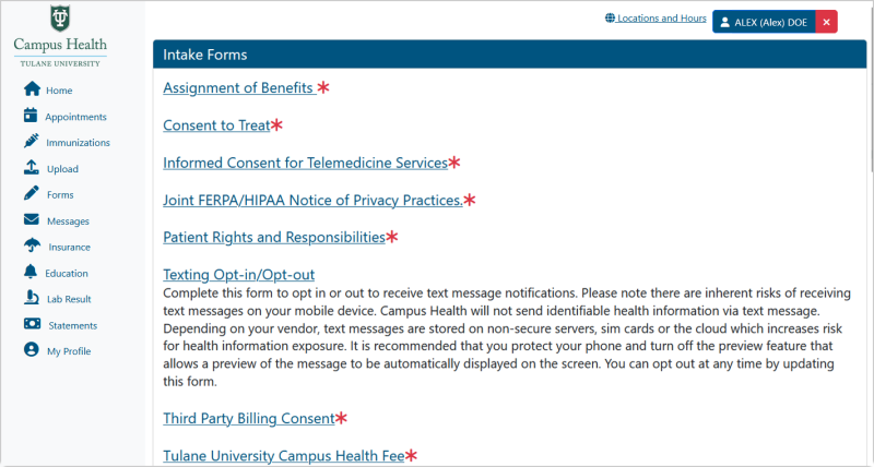 Screenshot of Forms page that shows all Intake Forms Screenshot of Forms page that shows all Intake Forms