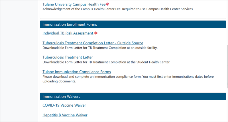 Screenshot of Forms page that shows all Immunization Enrollment Forms and Immunization Waivers Screenshot of Forms page that shows all Immunization Enrollment Forms and Immunization Waivers