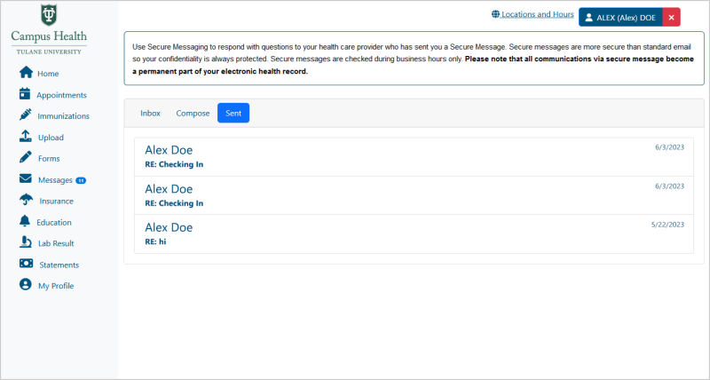 Screenshot of sent messages page