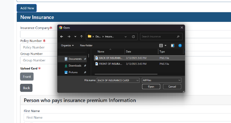 Upload insurance card, back