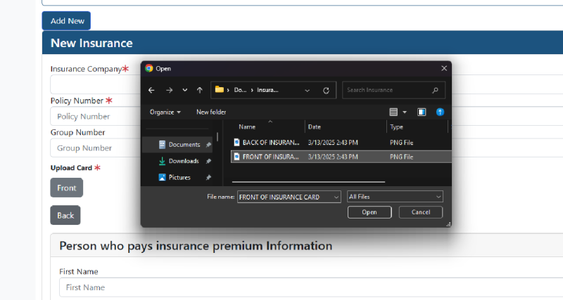 Upload insurance card, front