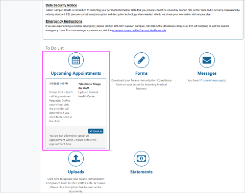 Screenshot of Patient Portal homepage To-Do List, with upcoming telehealth appointment highlighted