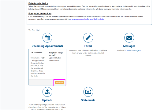 Screenshot of Patient Portal homepage's To-Do List, with the upcoming telehealth appointment's "Telehealth" button highlighted