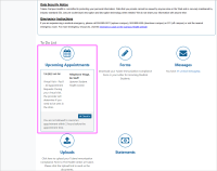 Screenshot of Patient Portal homepage To-Do List, with upcoming telehealth appointment highlighted