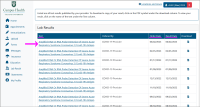 Screenshot of Lab Results page, with a pink arrow pointing to a hyperlink for an example COVID-19 lab result and "Test", "Order Date", and "Result Date" underlined in pink Screenshot of Lab Results page, with a pink arrow pointing to a hyperlink for an example COVID-19 lab result and "Test", "Order Date", and "Result Date" underlined in pink