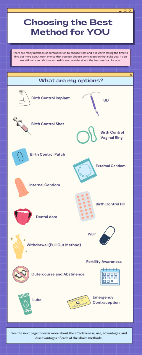 Infographic of different contraception methods Birth control implant, IUD, birth control shot, vaginal ring, birth control patch, external condom, internal condom, birth control pill, dental dam, PrEP, withdrawal (pull out method), outercourse and abstinence, fertility awareness, lube, or emergency contraception