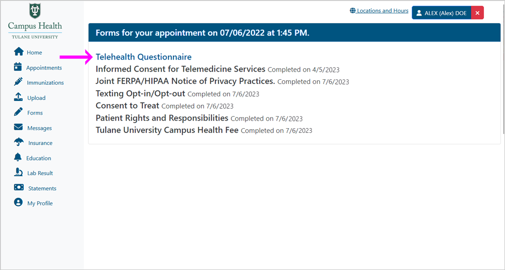 Screenshot of "Forms for your appointment" menu, with a pink arrow pointing to "Telehealth Questionnaire"